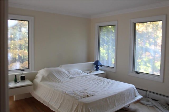 bedroom with wood-type flooring and crown molding