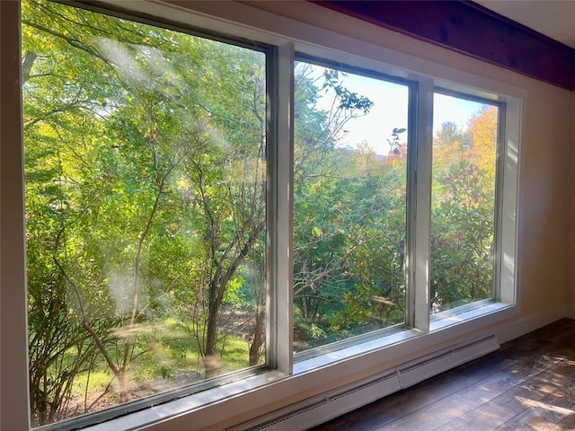 interior space with baseboard heating and hardwood / wood-style flooring