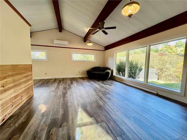 interior space featuring a wall mounted AC, a wealth of natural light, dark wood-type flooring, and ceiling fan