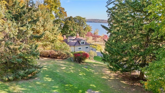 view of yard with a water view