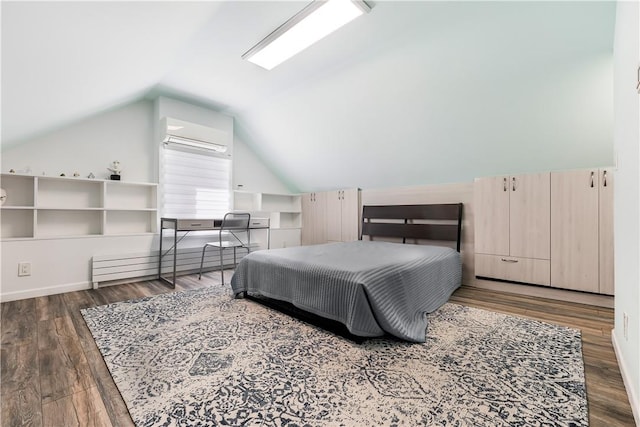 bedroom with a wall mounted air conditioner, lofted ceiling, dark wood-type flooring, and a baseboard radiator