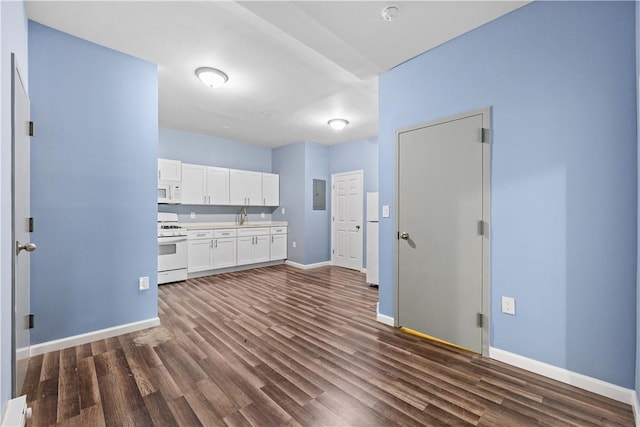 kitchen featuring white appliances, dark wood-type flooring, sink, white cabinets, and electric panel