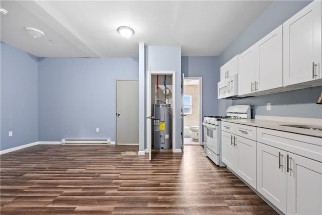 kitchen featuring white cabinetry, dark hardwood / wood-style flooring, white appliances, and water heater