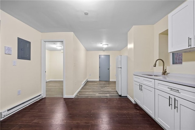 kitchen with white cabinetry, sink, a baseboard radiator, dark wood-type flooring, and electric panel