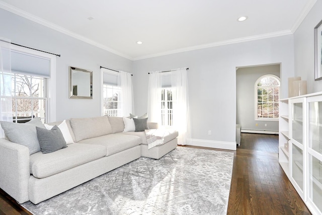 living room with ornamental molding, a baseboard heating unit, and dark hardwood / wood-style floors