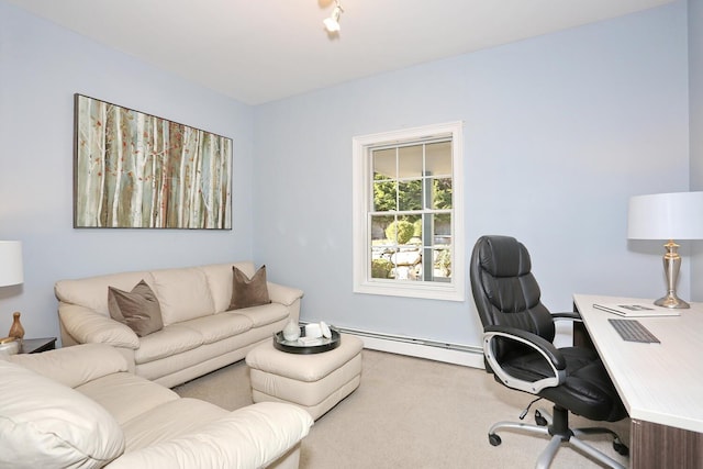 carpeted home office with a baseboard radiator