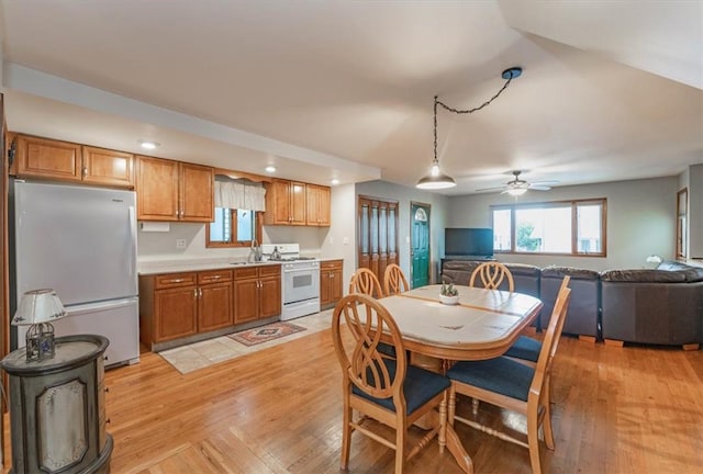 dining area featuring ceiling fan, light hardwood / wood-style floors, and sink