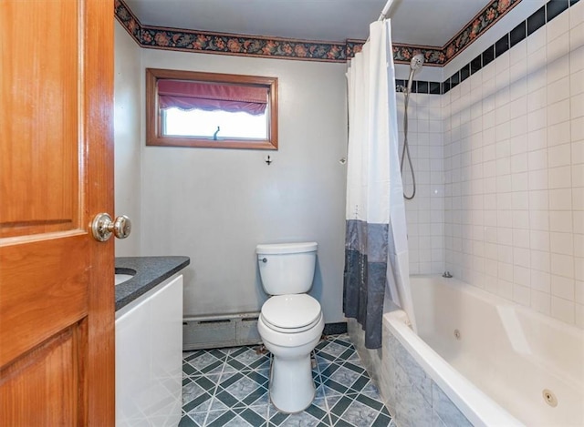 full bathroom featuring shower / bath combo, baseboard heating, tile patterned flooring, toilet, and vanity