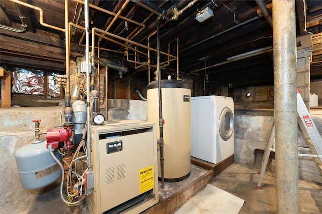 utilities featuring gas water heater and washer / clothes dryer