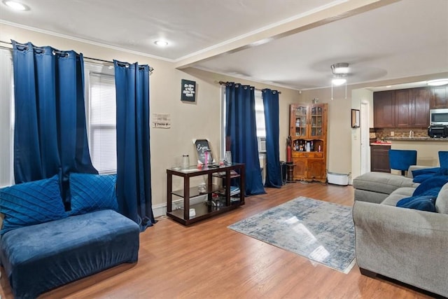 living room with ceiling fan, light hardwood / wood-style floors, and crown molding