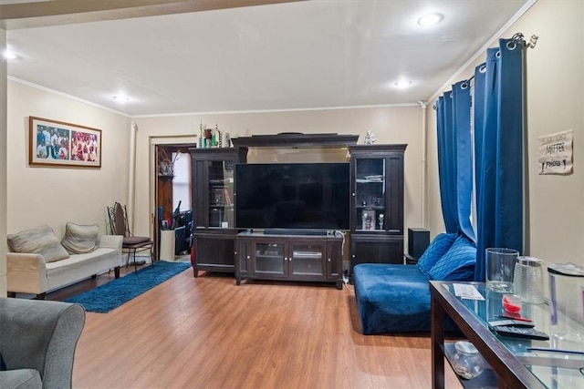 living room with wood-type flooring and crown molding