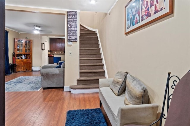 living room with wood-type flooring and crown molding