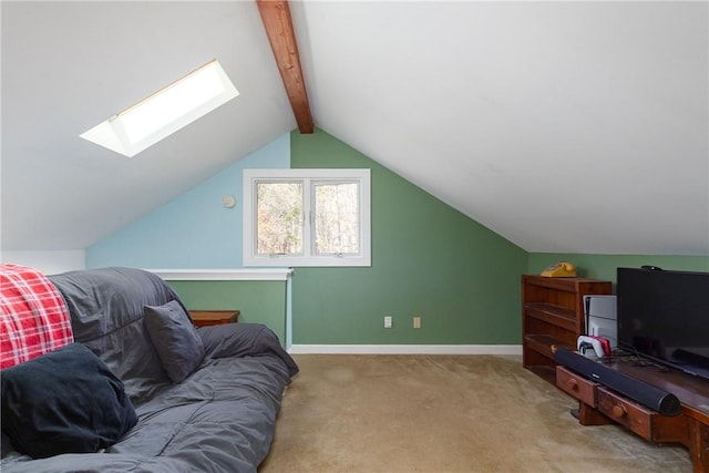 living room with carpet and lofted ceiling with skylight