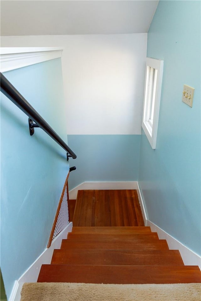 staircase with hardwood / wood-style floors