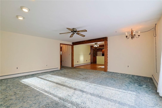 unfurnished living room featuring carpet floors, a baseboard radiator, and a notable chandelier