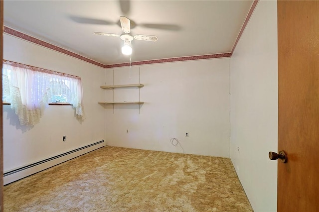 carpeted empty room featuring ceiling fan, a baseboard radiator, and ornamental molding