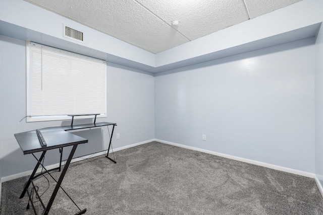 interior space featuring carpet floors and a textured ceiling