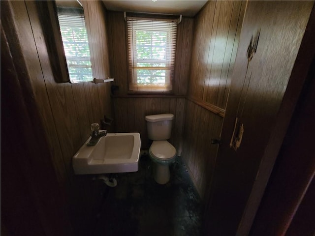 bathroom with wooden walls, sink, and toilet