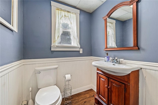 bathroom featuring hardwood / wood-style flooring, vanity, and toilet