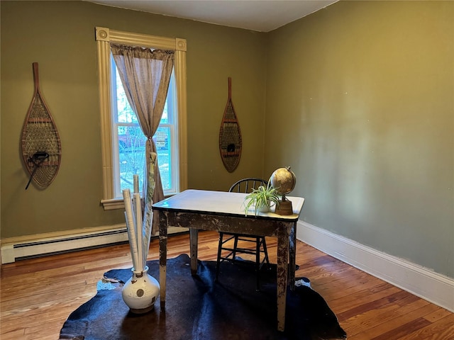 office with hardwood / wood-style floors and a baseboard heating unit