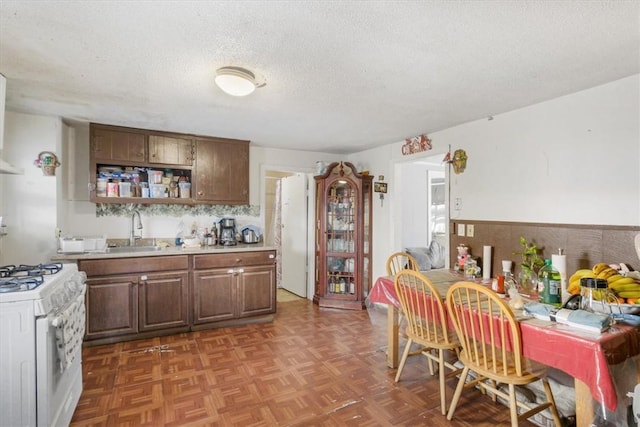 kitchen featuring white gas stove, dark parquet floors, a textured ceiling, and sink