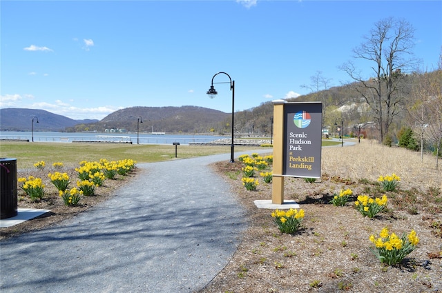 view of street with a water and mountain view