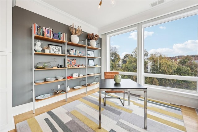 office space featuring crown molding and light hardwood / wood-style floors