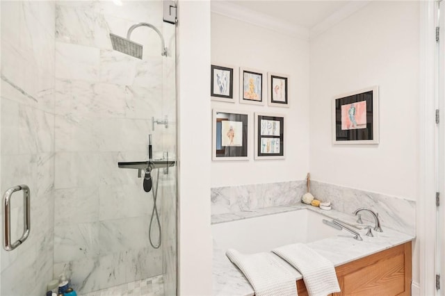 bathroom featuring crown molding and shower with separate bathtub