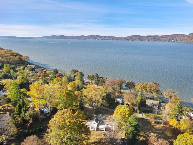 birds eye view of property with a water and mountain view