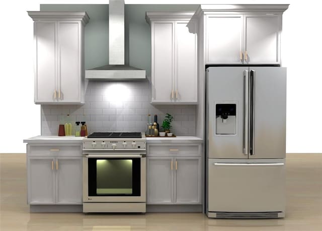 kitchen with tasteful backsplash, high end range, refrigerator with ice dispenser, and wall chimney range hood