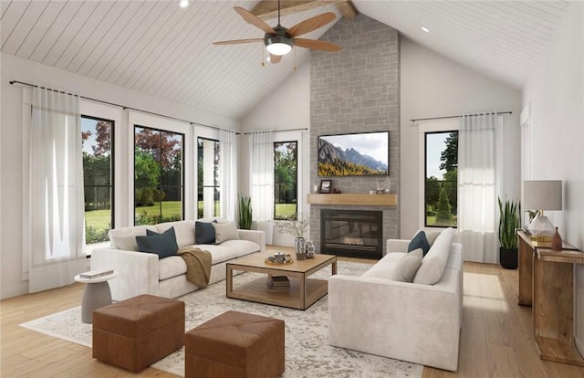 sunroom featuring a healthy amount of sunlight, a brick fireplace, wood ceiling, and vaulted ceiling