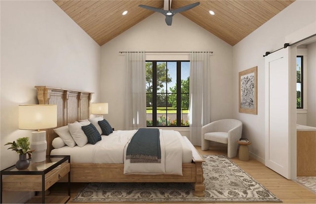 bedroom with a barn door, wood finished floors, wood ceiling, and recessed lighting