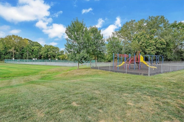 view of jungle gym featuring a yard