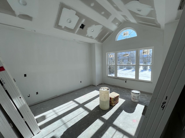 unfurnished room with high vaulted ceiling