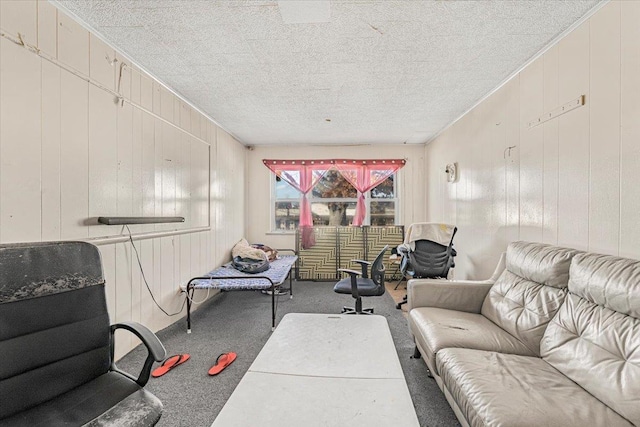 living room with carpet floors and wooden walls