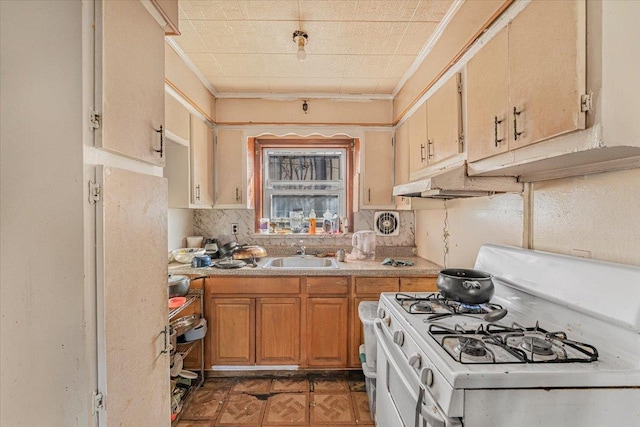 kitchen featuring dark parquet flooring, sink, decorative backsplash, white gas range, and ornamental molding