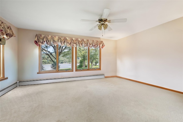 unfurnished room featuring carpet flooring, ceiling fan, and a baseboard radiator