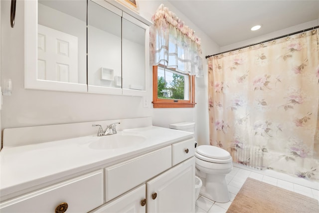 full bathroom featuring tile patterned flooring, vanity, toilet, and shower / tub combo with curtain