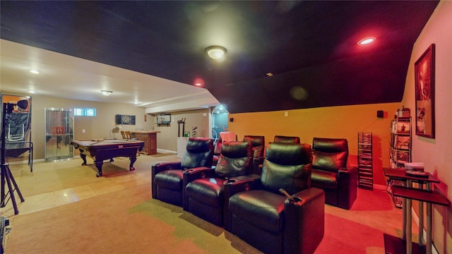 carpeted cinema room featuring pool table