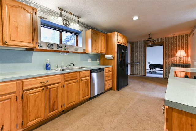 kitchen featuring pendant lighting, light colored carpet, sink, stainless steel dishwasher, and black fridge with ice dispenser