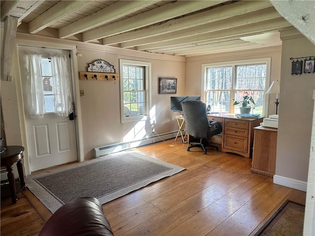 office area with beamed ceiling, light wood-type flooring, a baseboard radiator, and a healthy amount of sunlight