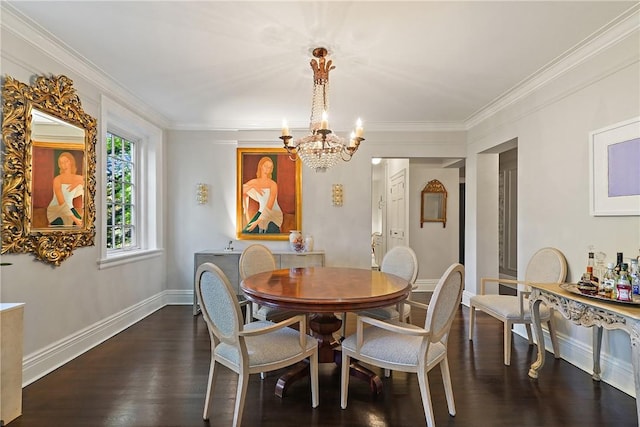 dining space featuring dark hardwood / wood-style flooring, crown molding, and a notable chandelier