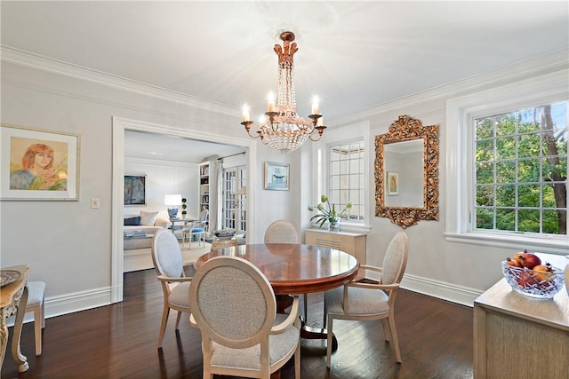 dining area with a chandelier, dark hardwood / wood-style flooring, and ornamental molding