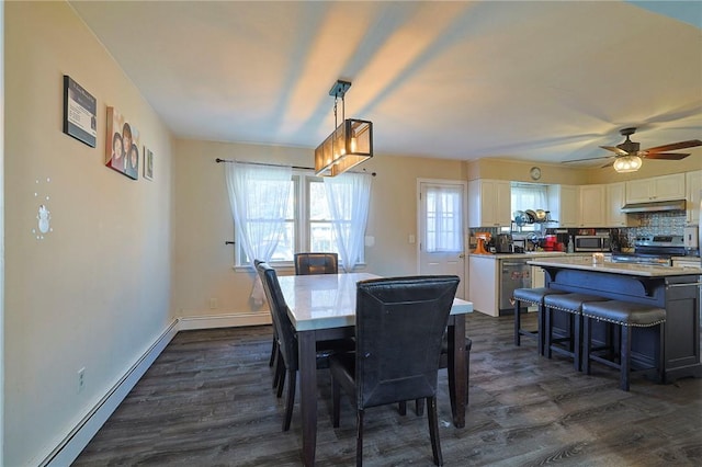 dining area with ceiling fan, dark hardwood / wood-style flooring, and baseboard heating