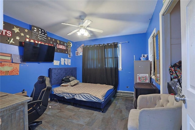 bedroom with baseboard heating and ceiling fan