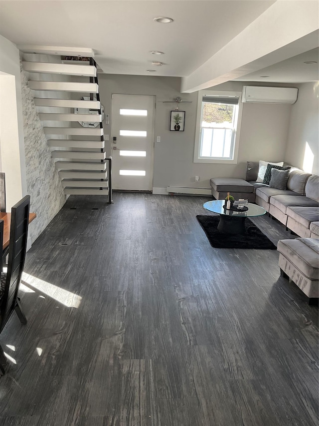 living room featuring dark hardwood / wood-style flooring, a baseboard radiator, and a wall mounted AC