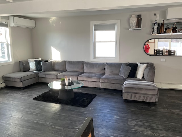 living room featuring dark wood-type flooring, a wealth of natural light, and a wall mounted AC