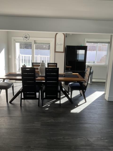 dining space with a notable chandelier and dark hardwood / wood-style flooring