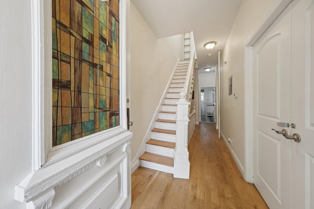 stairway with hardwood / wood-style flooring