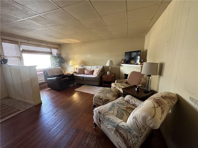 living room featuring a fireplace and dark wood-type flooring